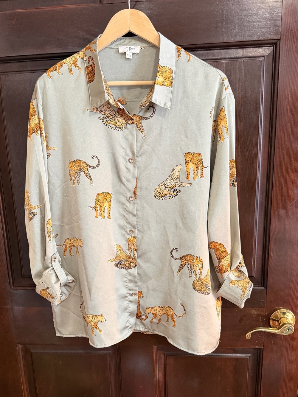 Umgee Sage Green Button-Down Shirt with Gold Leopard Print